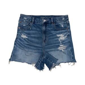 American Eagle super stretch distressed curvy hi rise shortie blue jeans shorts